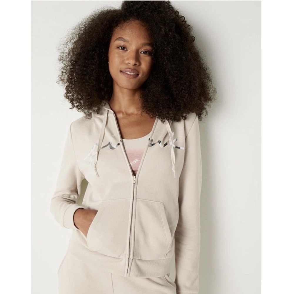 Victoria's Secret PINK Women's Sz XL Classic Full Zip Hoodie Vanilla Bean Silver